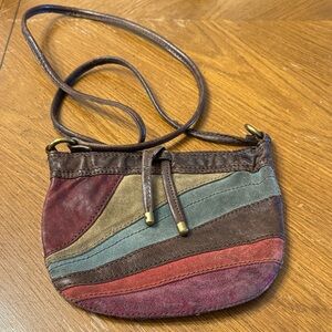 Vintage 90s Fossil Colorful Suede & Full Grain Leather Crossbody Brass Hardware